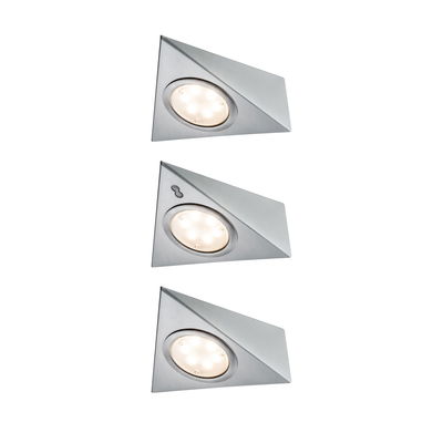 Three triangular recessed LED lights in brushed stainless steel with warm white light for accent lighting