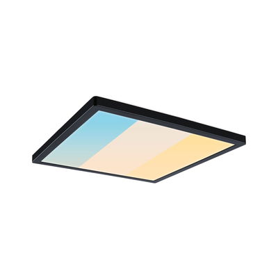 Rectangular LED ceiling light with black frame and adjustable color gradient from blue to warm white