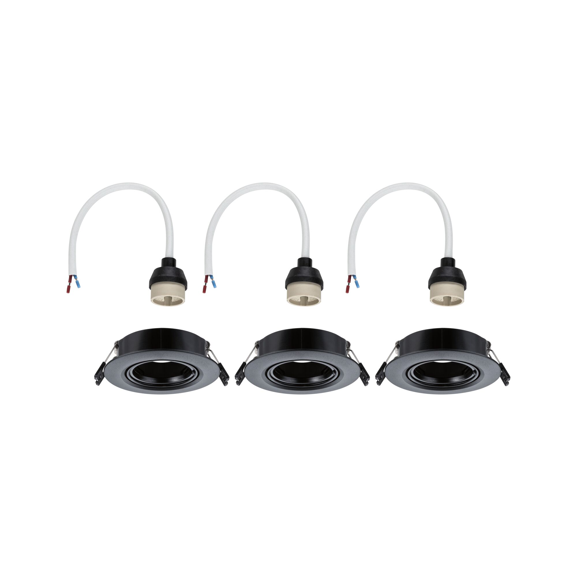 Three black recessed spotlights with white cable connectors for LED lighting installation
