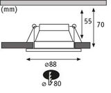 Schéma technique d'un spot encastré de 88 mm de diamètre et 70 mm de profondeur d'installation, lampe LED.
