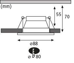 Technical drawing of recessed spotlight with 88 mm diameter and 70 mm installation depth
