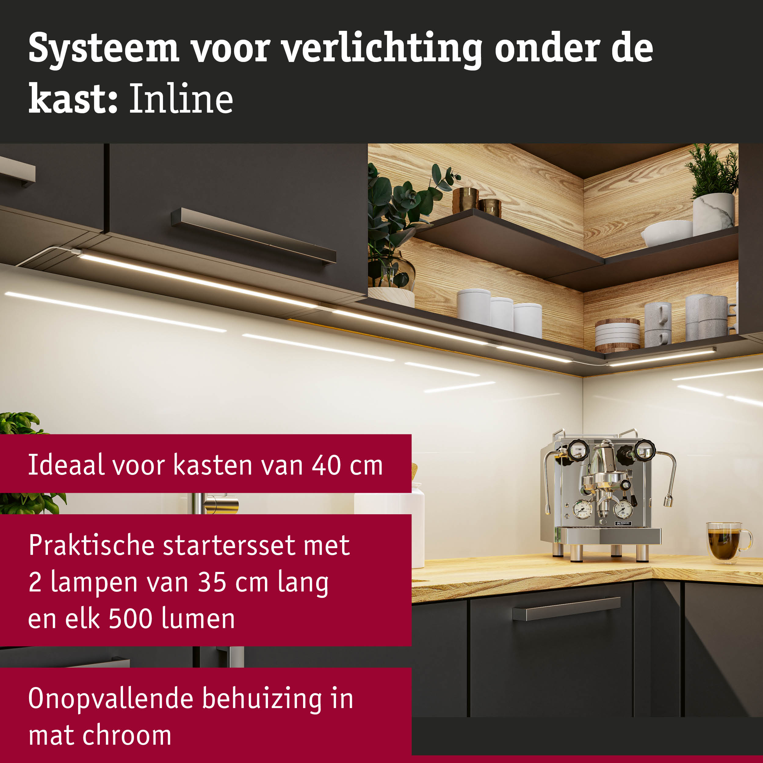 Keukenverlichtingssysteem in mat chroom met LED-strips onder zwarte kasten en houten planken