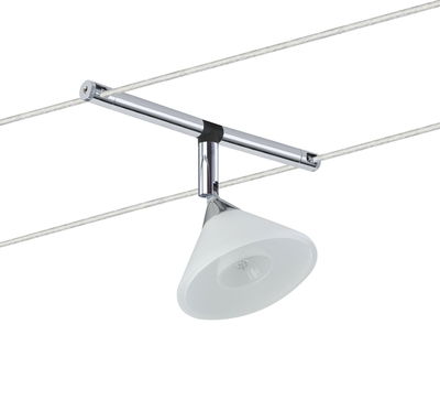 Moderne Seilstrahler mit weißem Glas-Schirm und verchromtem Metall für flexible Beleuchtungslösungen