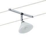 Moderne kabelspot met witte glazen kap en verchroomd metaal voor flexibele verlichtingsoplossingen