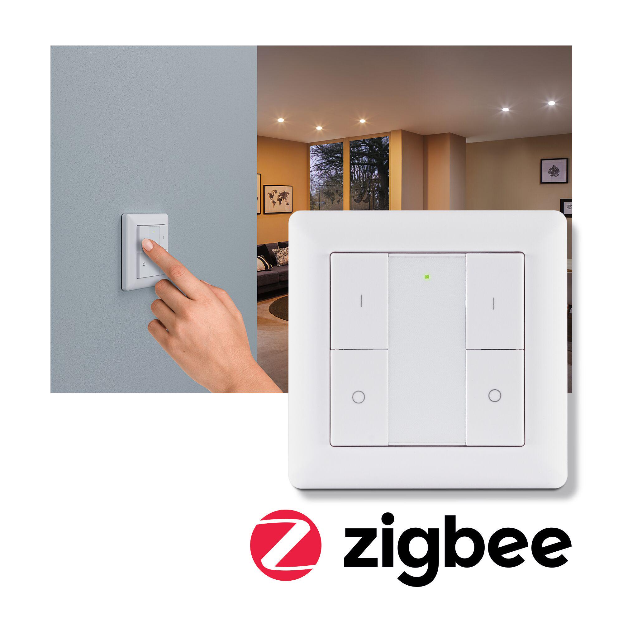 Interrupteur mural blanc Zigbee à plusieurs boutons pour contrôle d'éclairage intelligent dans un salon moderne.
