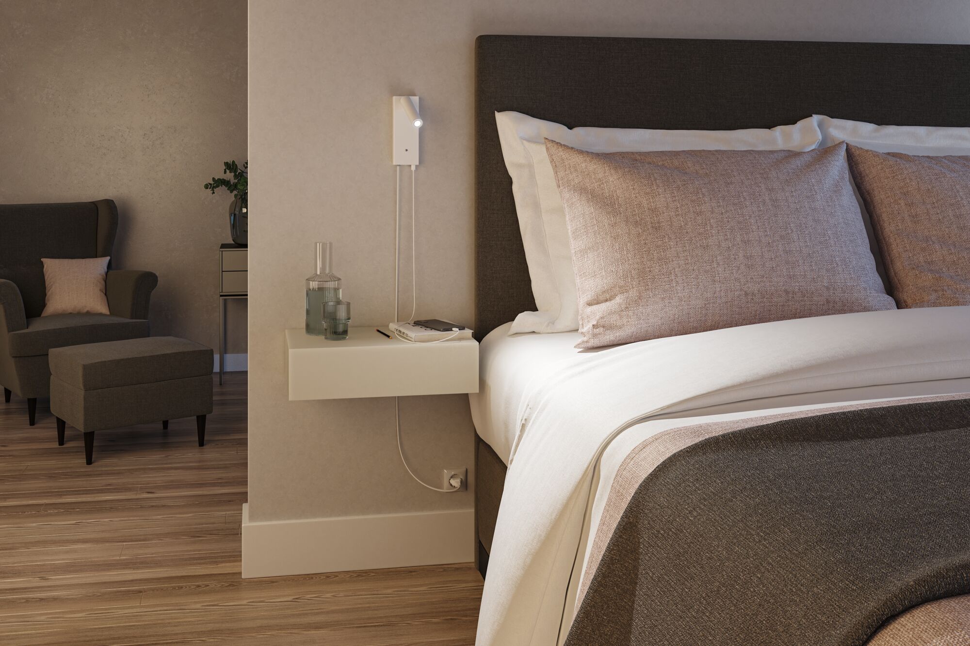 Modern bedroom with brown upholstered bed, beige wall reading light, and floating wooden nightstand.
