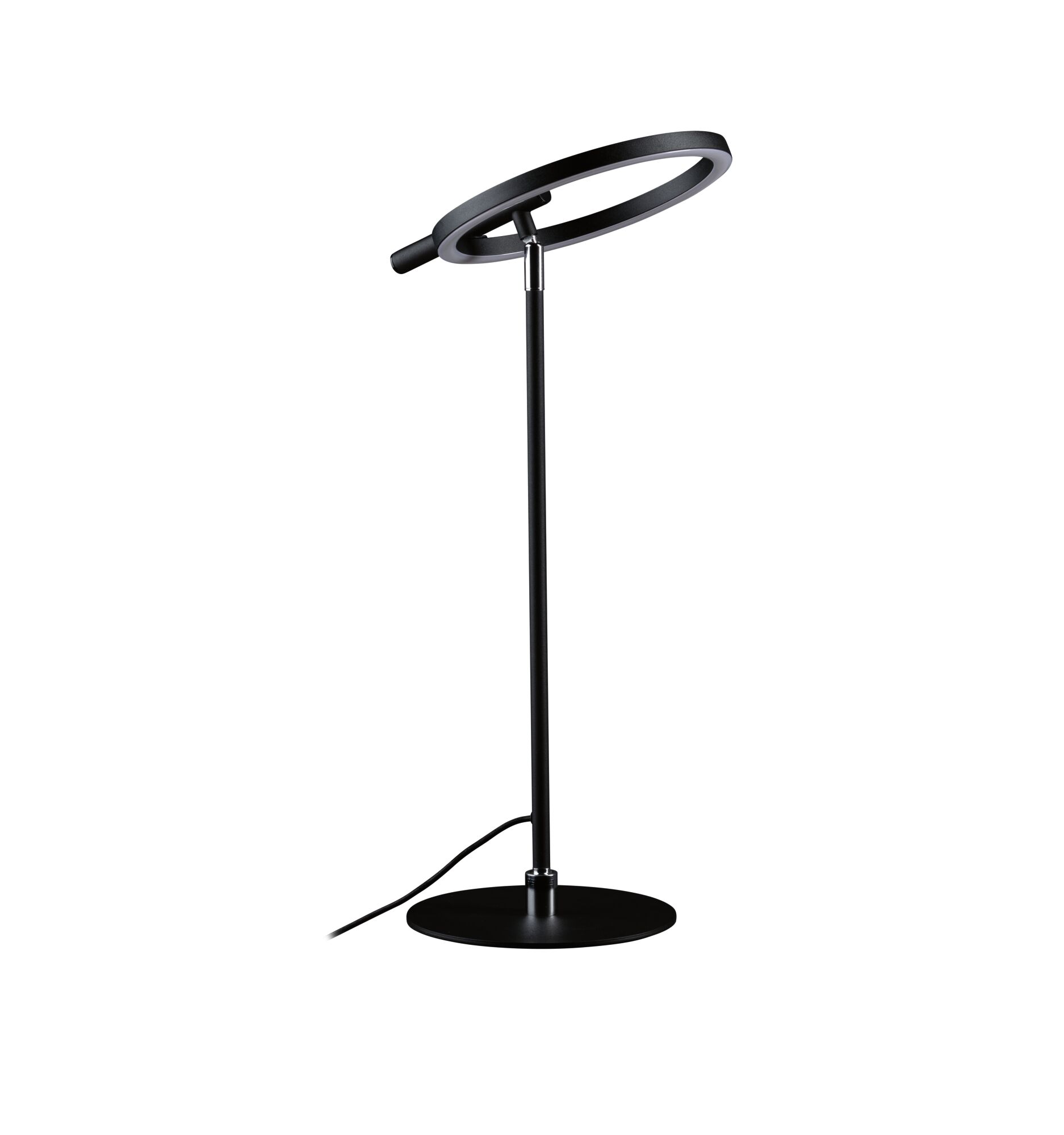 Modern black LED desk lamp with round light ring and metal base for stylish lighting