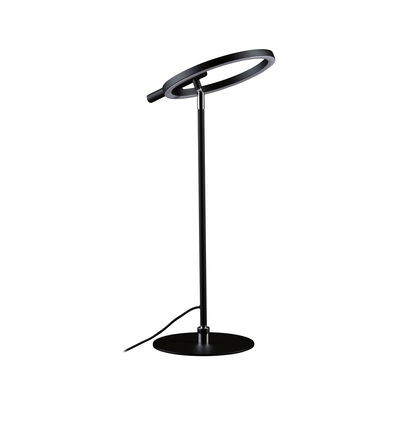 Modern black LED desk lamp with round light ring and metal base for stylish lighting