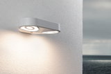 Moderner grauer LED-Wandleuchter mit zwei Lichtquellen an strukturierter Wand für Außenbeleuchtung