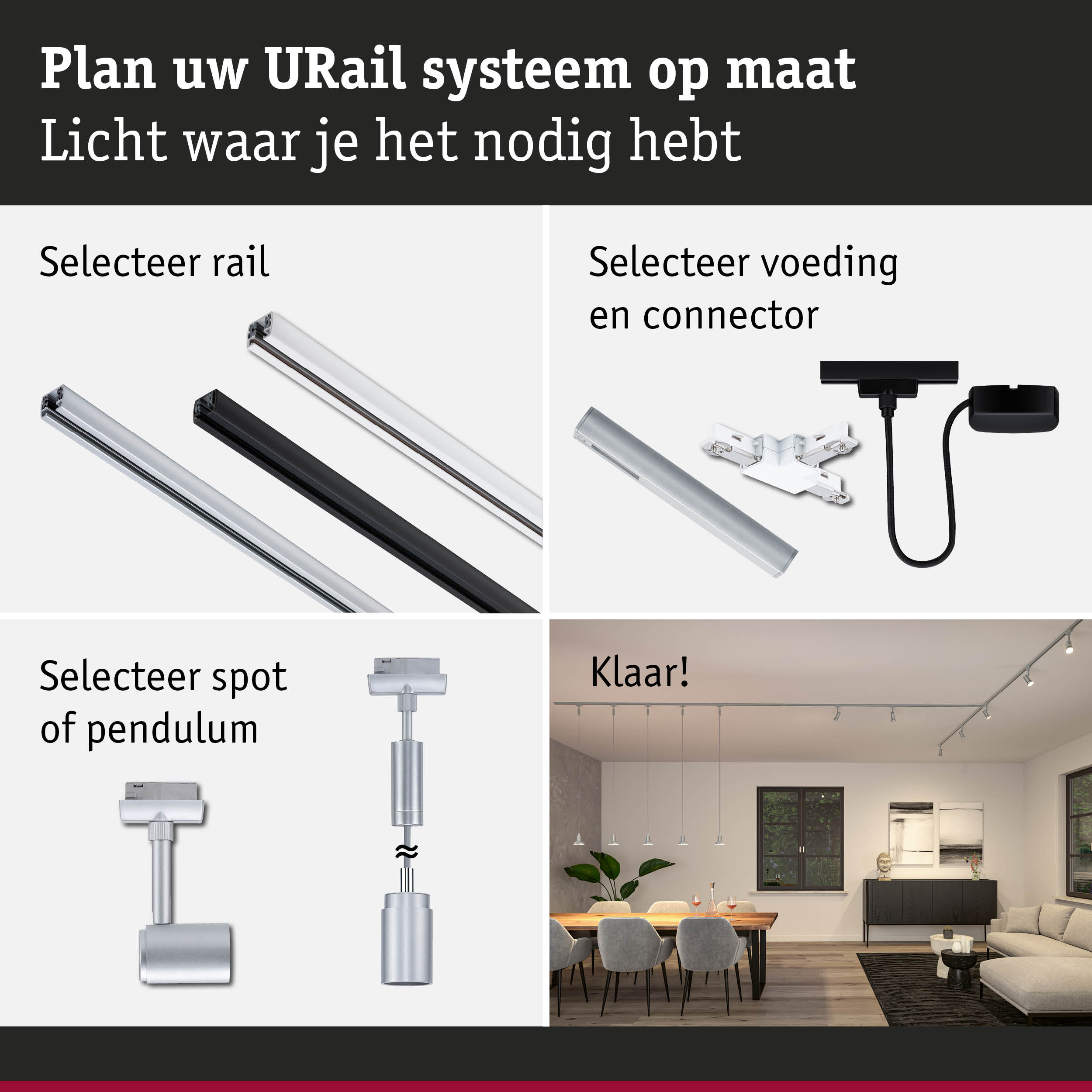 Modulair URail railsysteem met aluminium rails en LED-spots voor flexibele verlichting