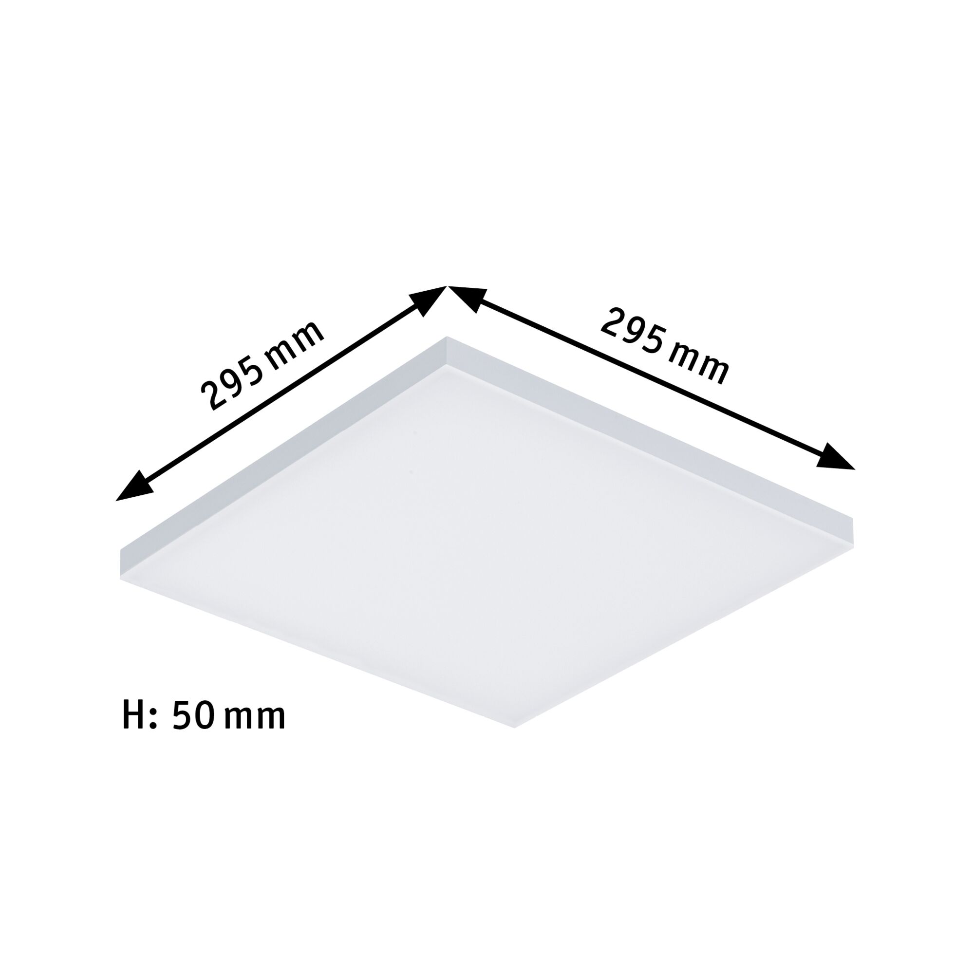 Square white LED ceiling light made of plastic with 295 mm edge length and 50 mm height