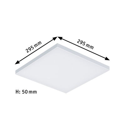 Square white LED ceiling light made of plastic with 295 mm edge length and 50 mm height