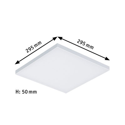 Square white LED ceiling light made of plastic with 295 mm edge length and 50 mm height