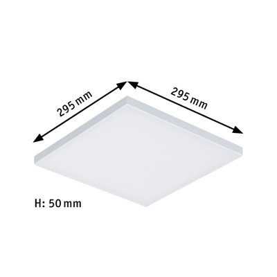 Square white LED ceiling light made of plastic with 295 mm edge length and 50 mm height