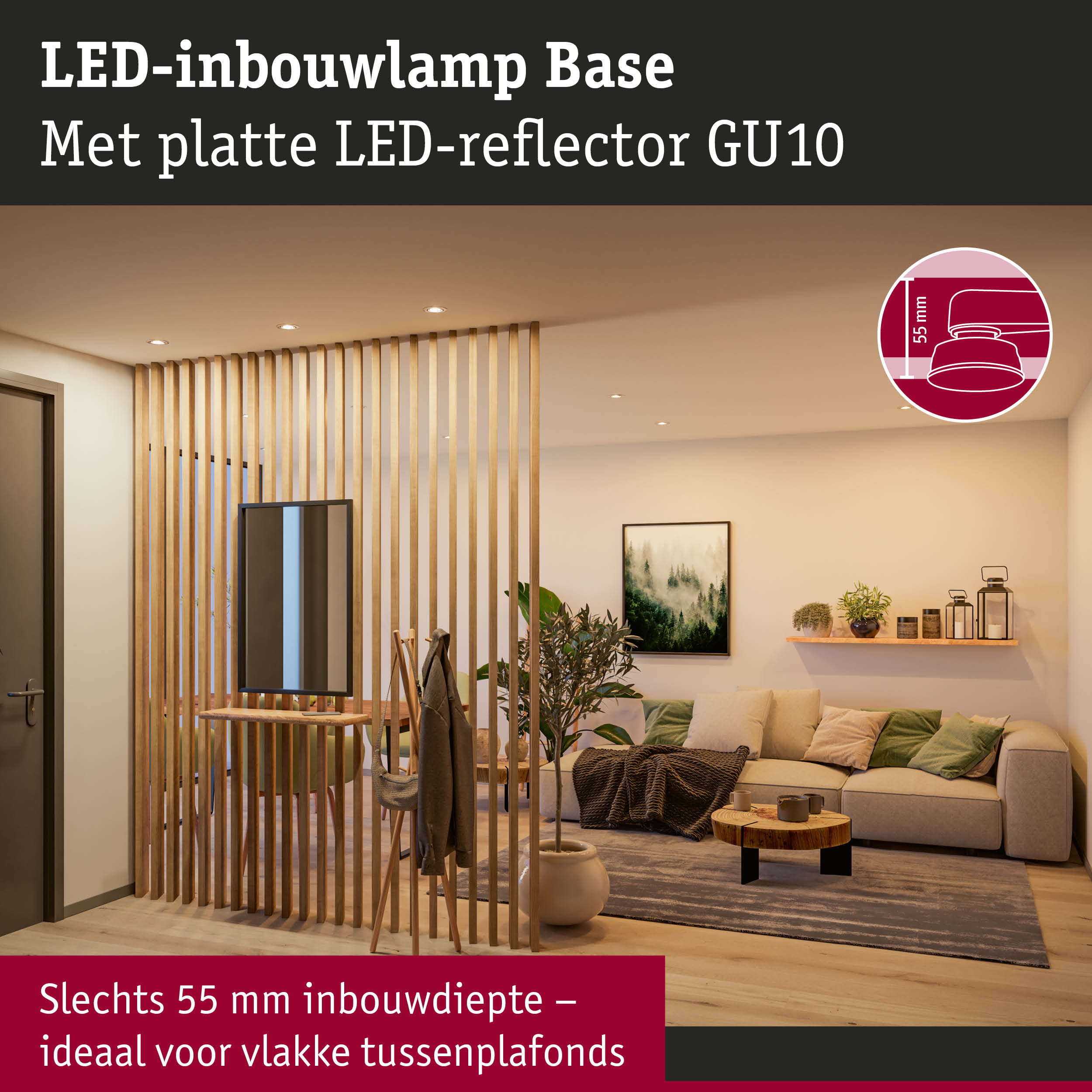 LED-inbouwlamp Base met platte LED-reflector GU10, 55 mm inbouwdiepte ideaal voor vlakke tussenplafonds