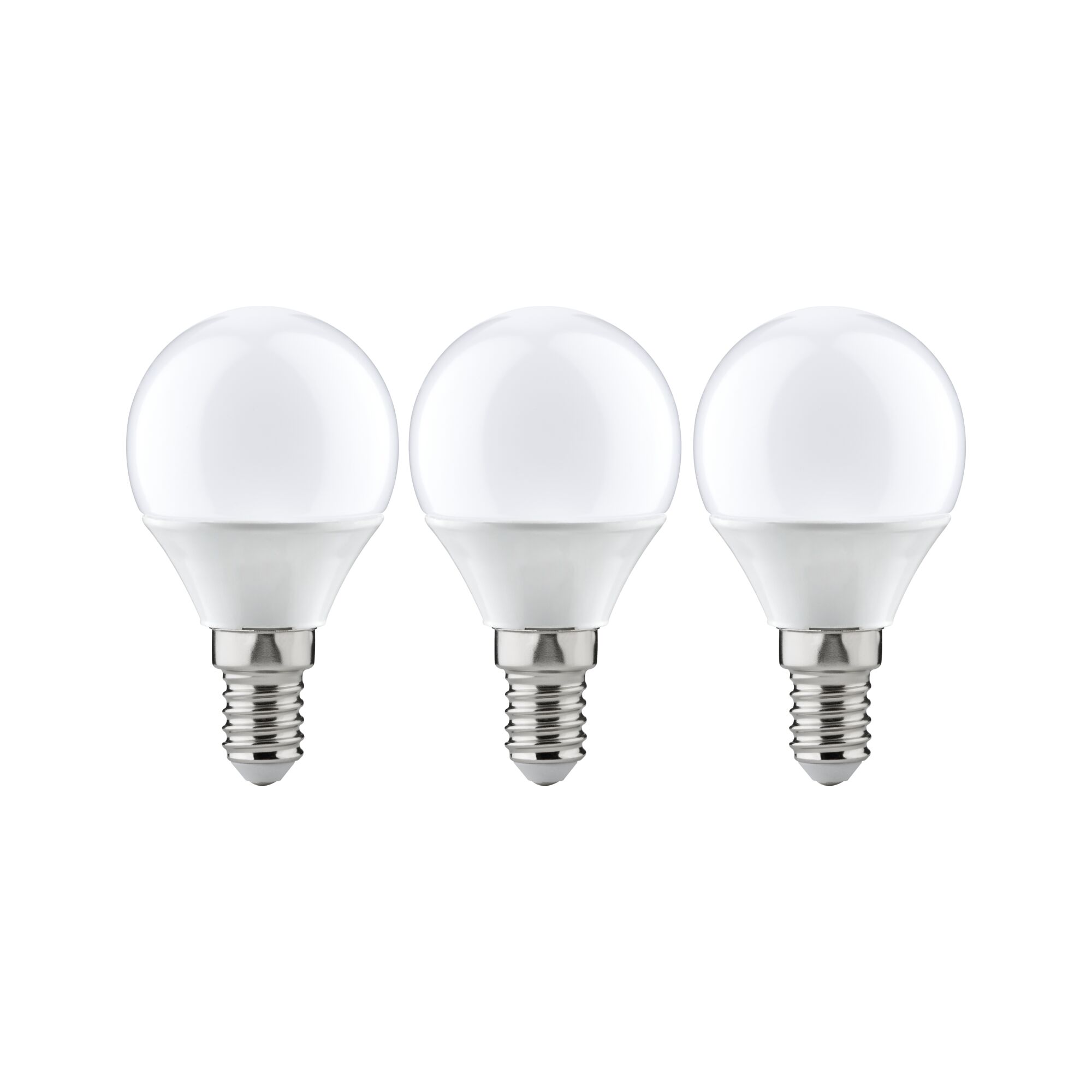 Three white LED bulbs with E14 base made of plastic and glass for energy-saving lighting