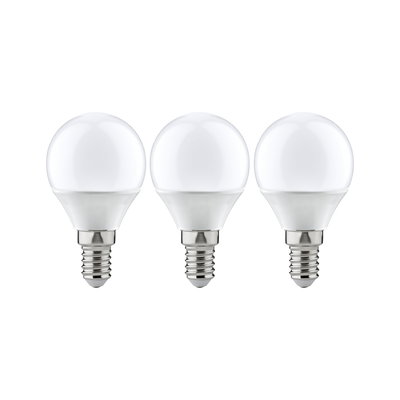 Drei weiße LED-Glühbirnen mit E14-Fassung aus Kunststoff und Glas für energiesparende Beleuchtung