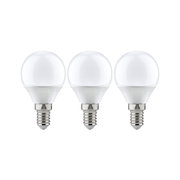 Three white LED bulbs with E14 base made of plastic and glass for energy-saving lighting