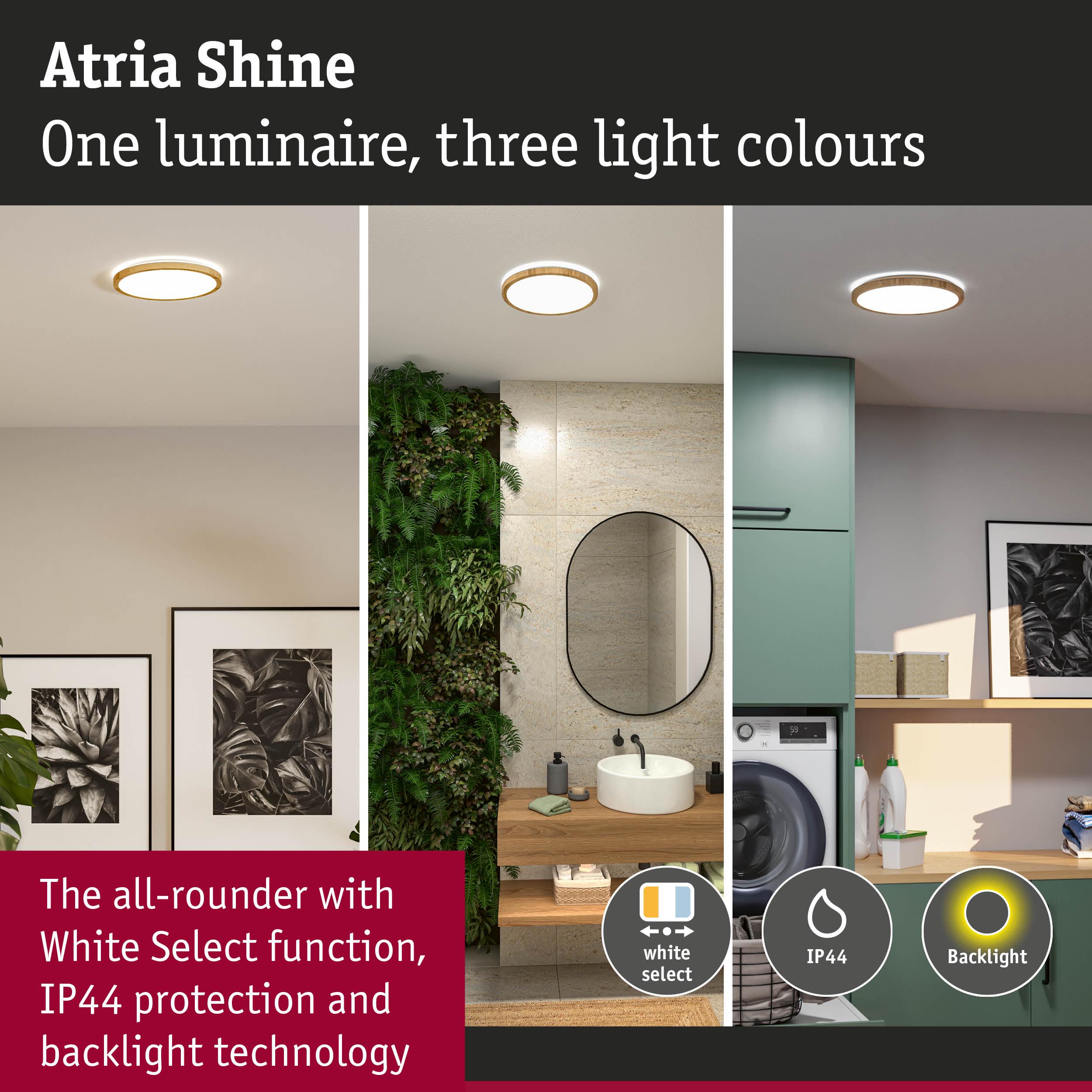 Atria Shine ceiling light with wooden frame features three light colours and IP44 protection for bathroom