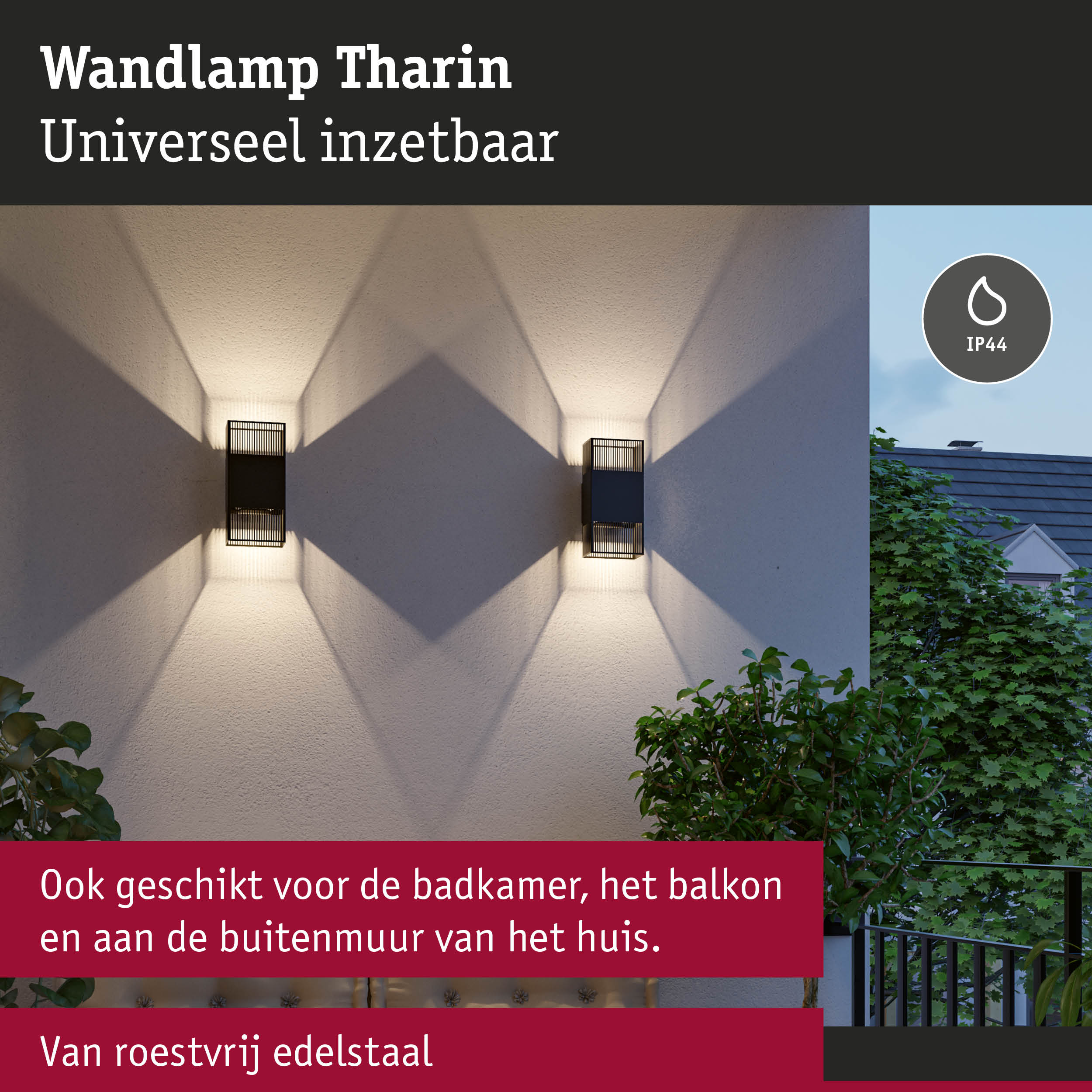 Zwarte roestvrijstalen wandlamp Tharin met IP44 bescherming, geschikt voor badkamer en balkon