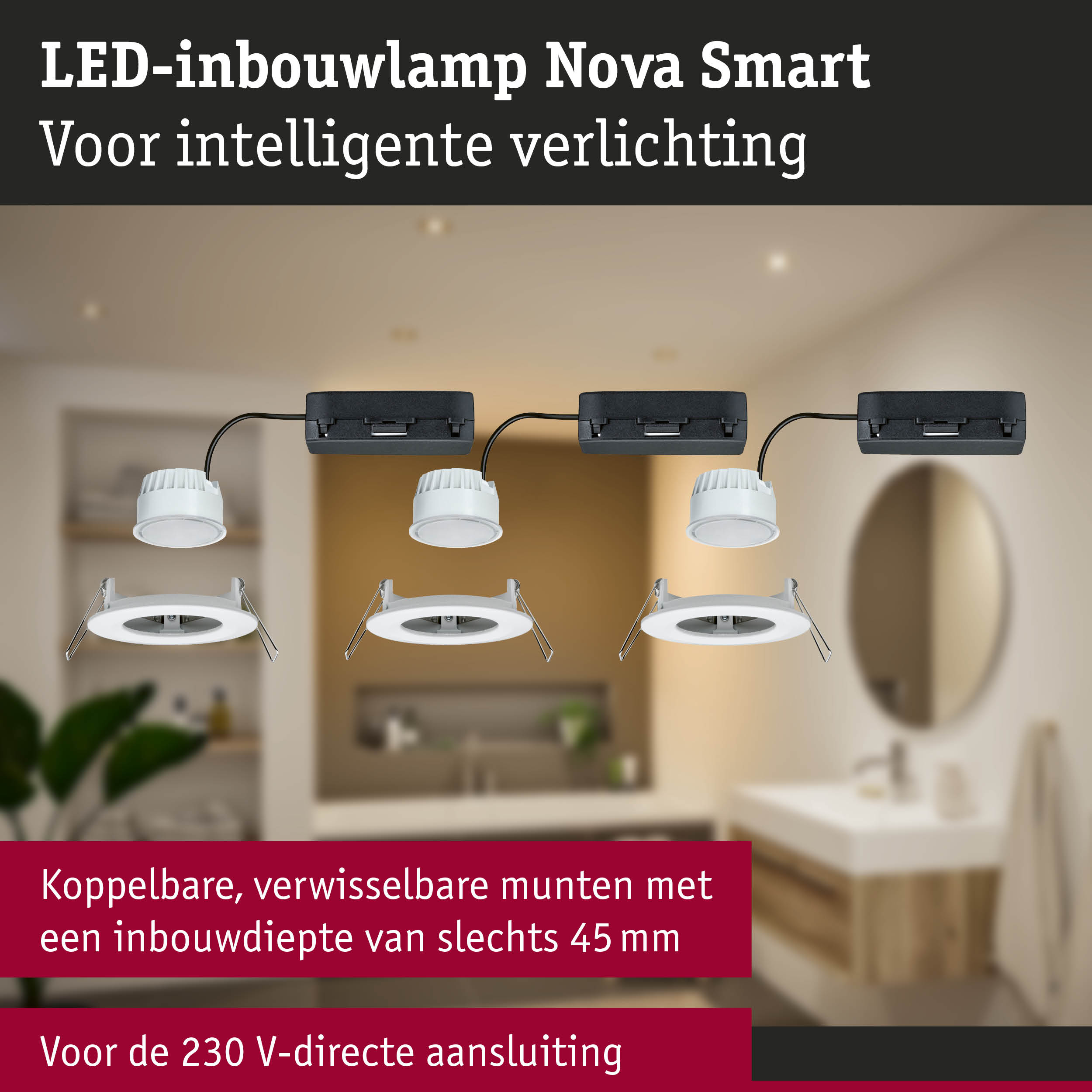 Witte LED-inbouwlamp Nova Smart met zwarte aansluitdoos voor intelligente verlichting