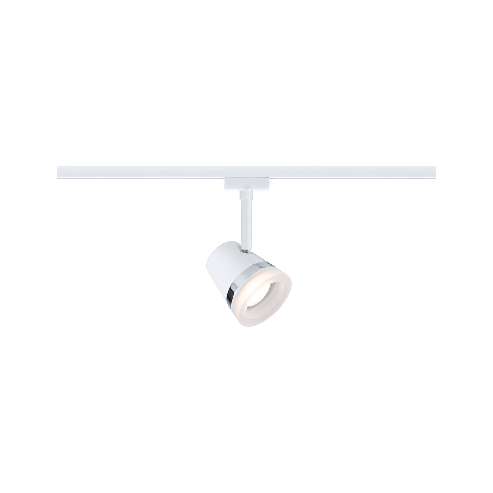 Weißer LED-Spot aus Metall mit Chromring an weißer Schiene für moderne Innenbeleuchtung