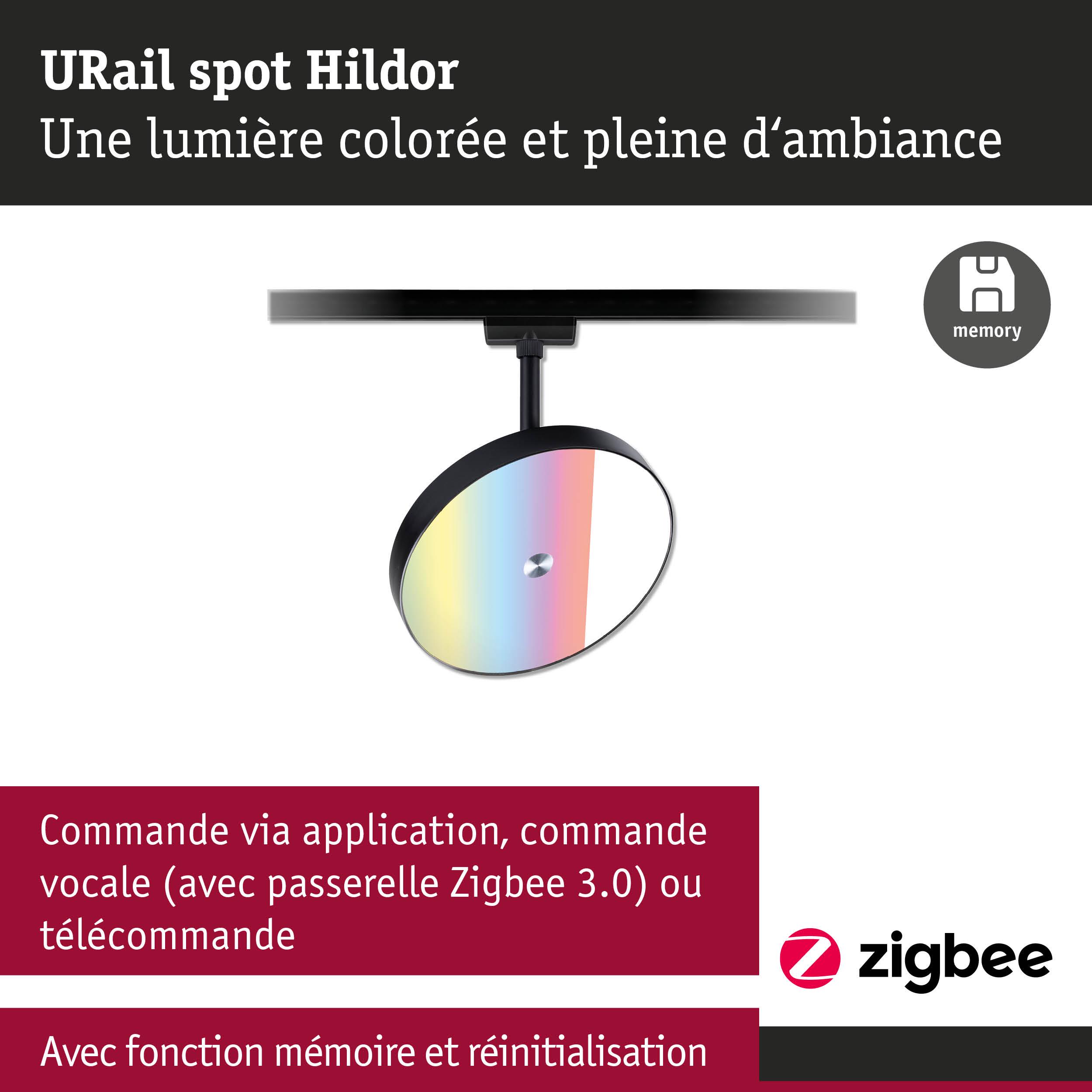 Spot URail Hildor noir avec lumière LED colorée, commande via application et Zigbee 3.0 pour éclairage intelligent