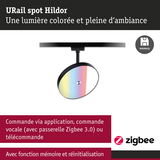 Spot URail Hildor noir avec lumière LED colorée, commande via application et Zigbee 3.0 pour éclairage intelligent