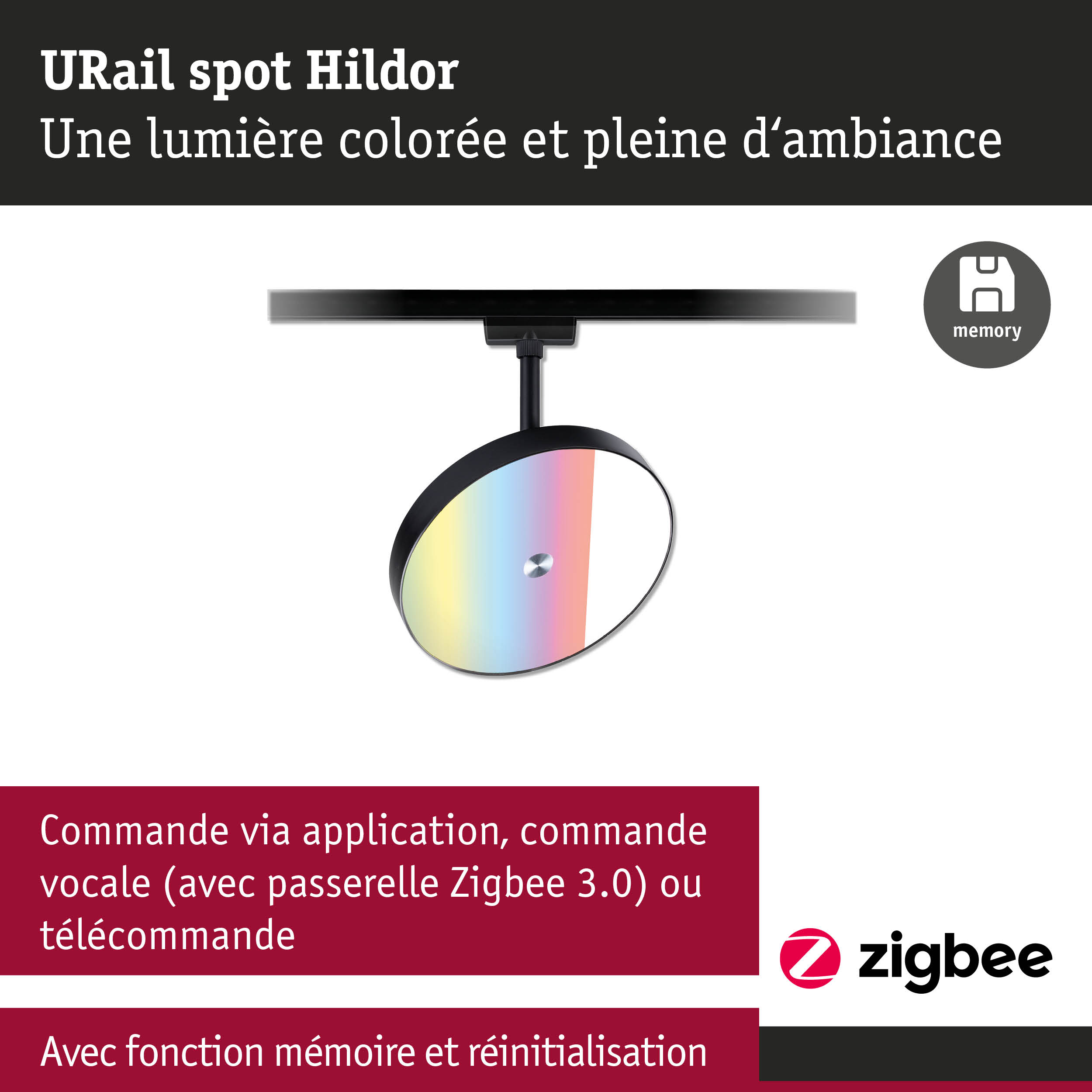 Spot URail Hildor LED avec lumière colorée et commande Zigbee 3.0 intégrée
