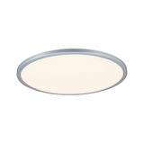 Round LED ceiling light with silver aluminum frame and warm white light for living spaces