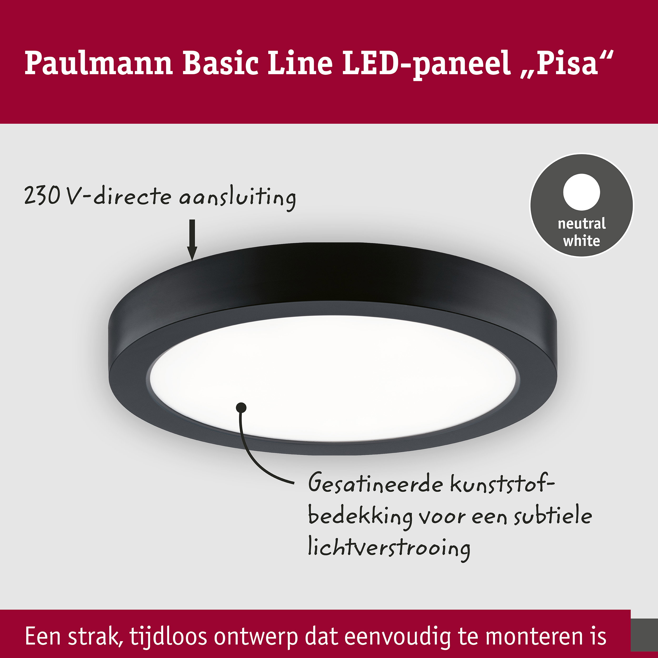 LED-paneel Pisa 4000K 290mm 1800lm 17W Zwart mat