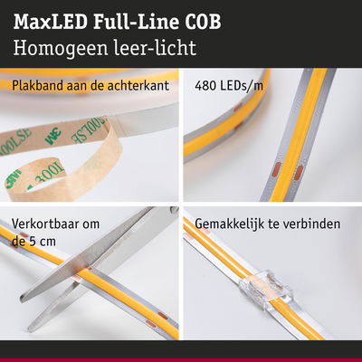 MaxLED Full-Line COB LED-strip met 480 LEDs/m, plakband aan achterkant, om de 5 cm knipbaar, eenvoudig verbindbaar geel-zilver