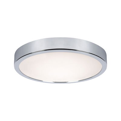 Round ceiling light with chrome metal frame and white diffuser for modern interior lighting