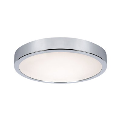 Round ceiling light with chrome metal frame and white diffuser for modern interior lighting