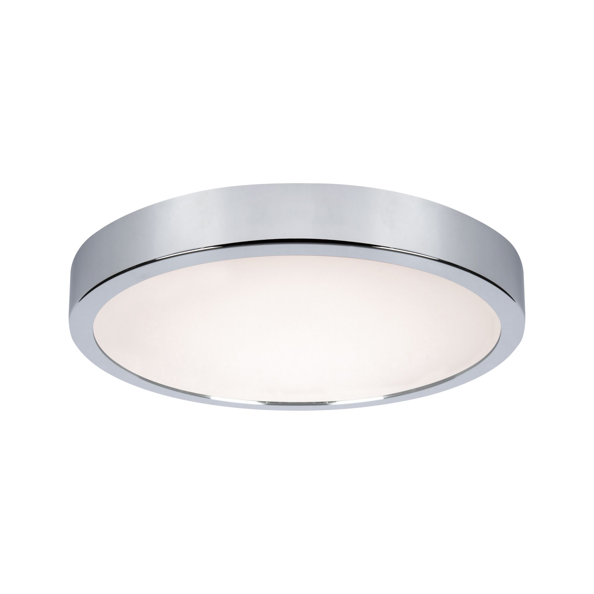 Runde Deckenleuchte mit Chromrand und weißem Diffusor aus Glas für modernes Raumlicht