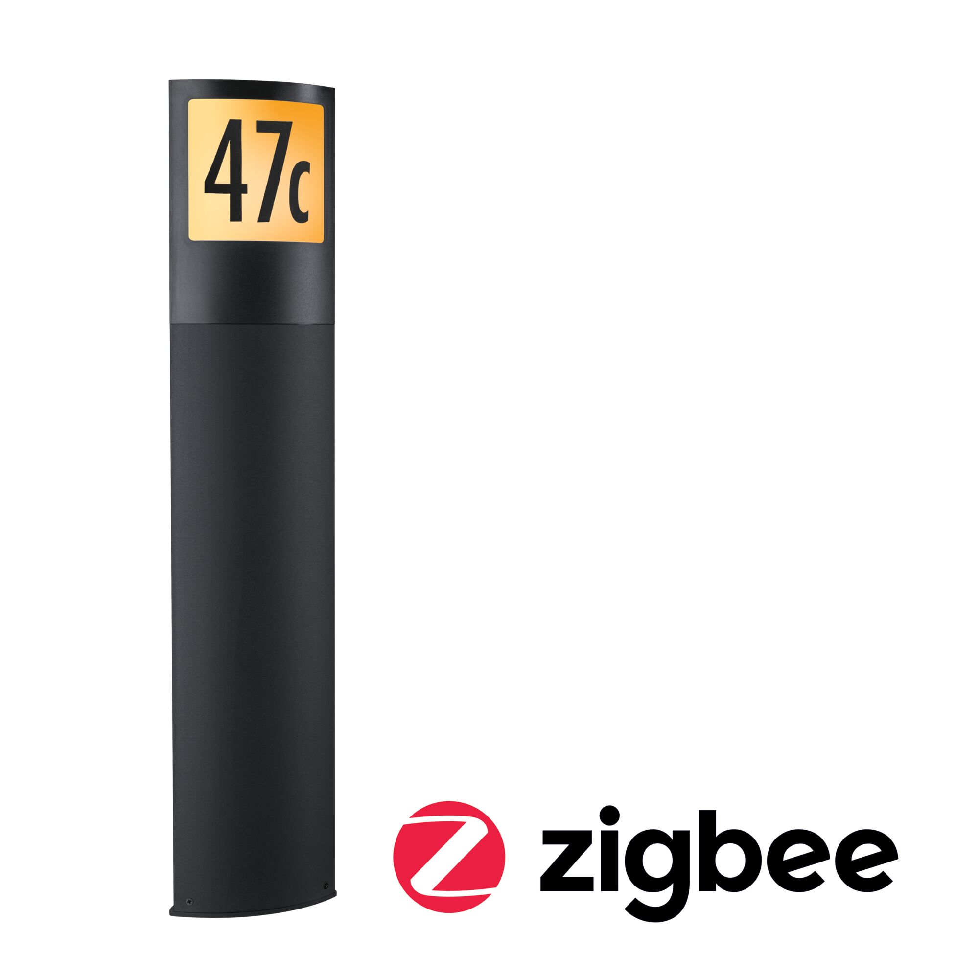 LED Pollerleuchte Smart Home Zigbee 3.0 Padea Dämmerungssensor insektenfreundlich IP44 847mm Tunable Warm 8,5W 700lm 230V Anthrazit Kunststoff Schwarze Außenleuchte mit Hausnummer 47c und warmweißem Licht, kompatibel mit Zigbee Smart Home System.