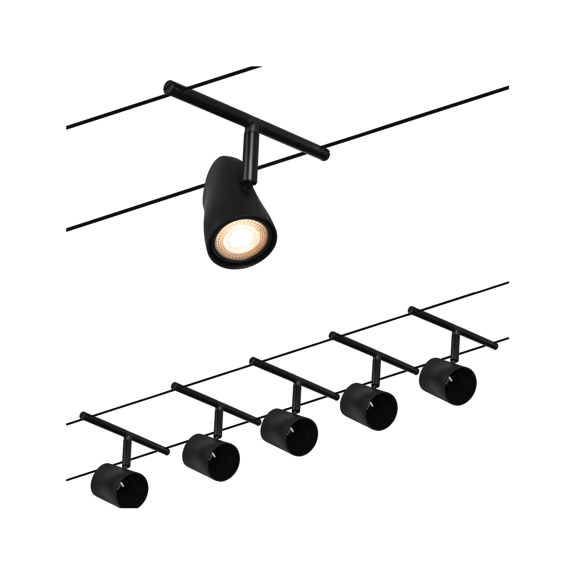 Black LED cable lighting system with five adjustable spotlights for modern room illumination