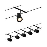Black LED cable lighting system with five adjustable spotlights for modern room illumination