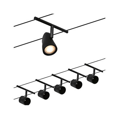 Black LED cable lighting system with five adjustable spotlights for modern room illumination