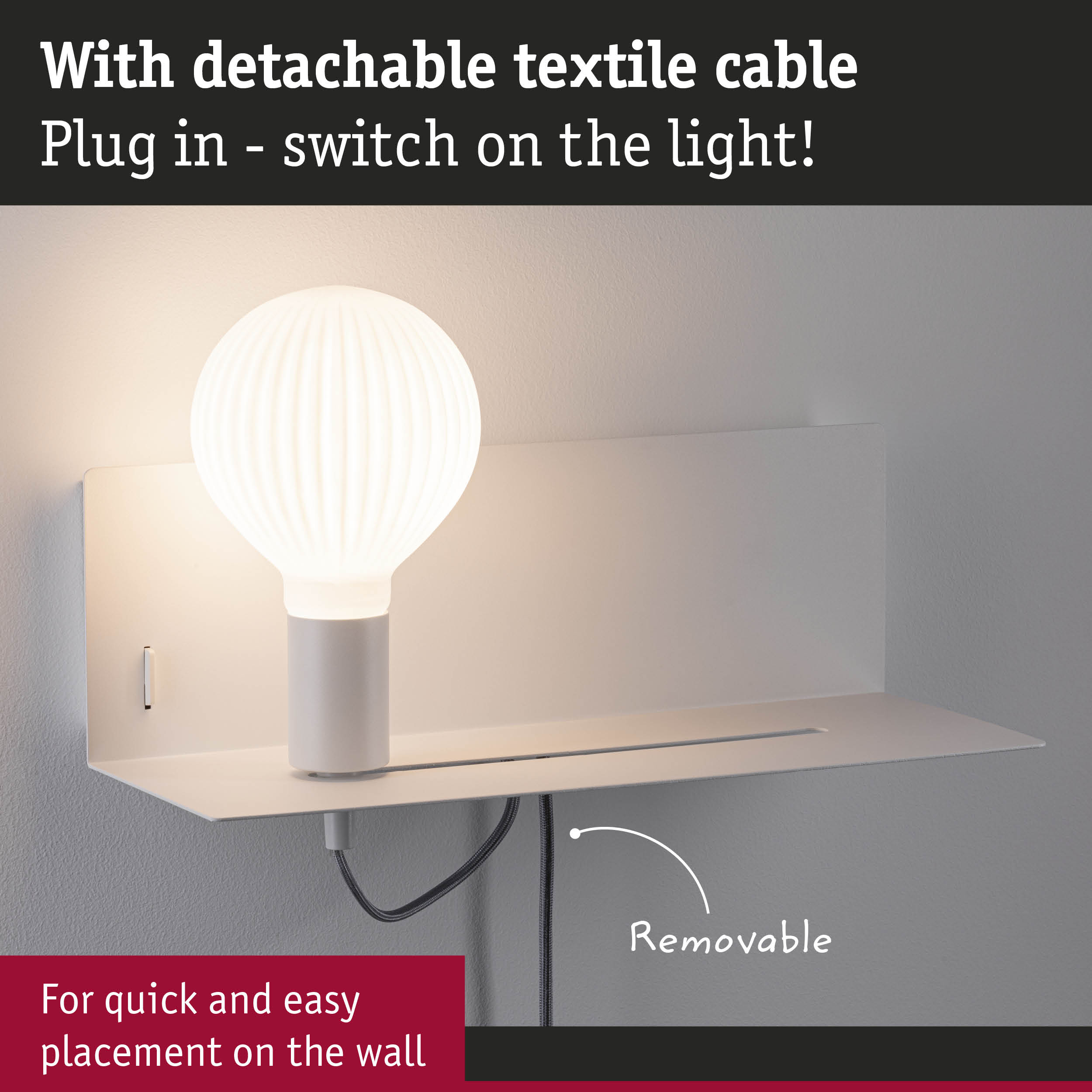 White wall lamp with detachable textile cable for easy installation and LED lighting