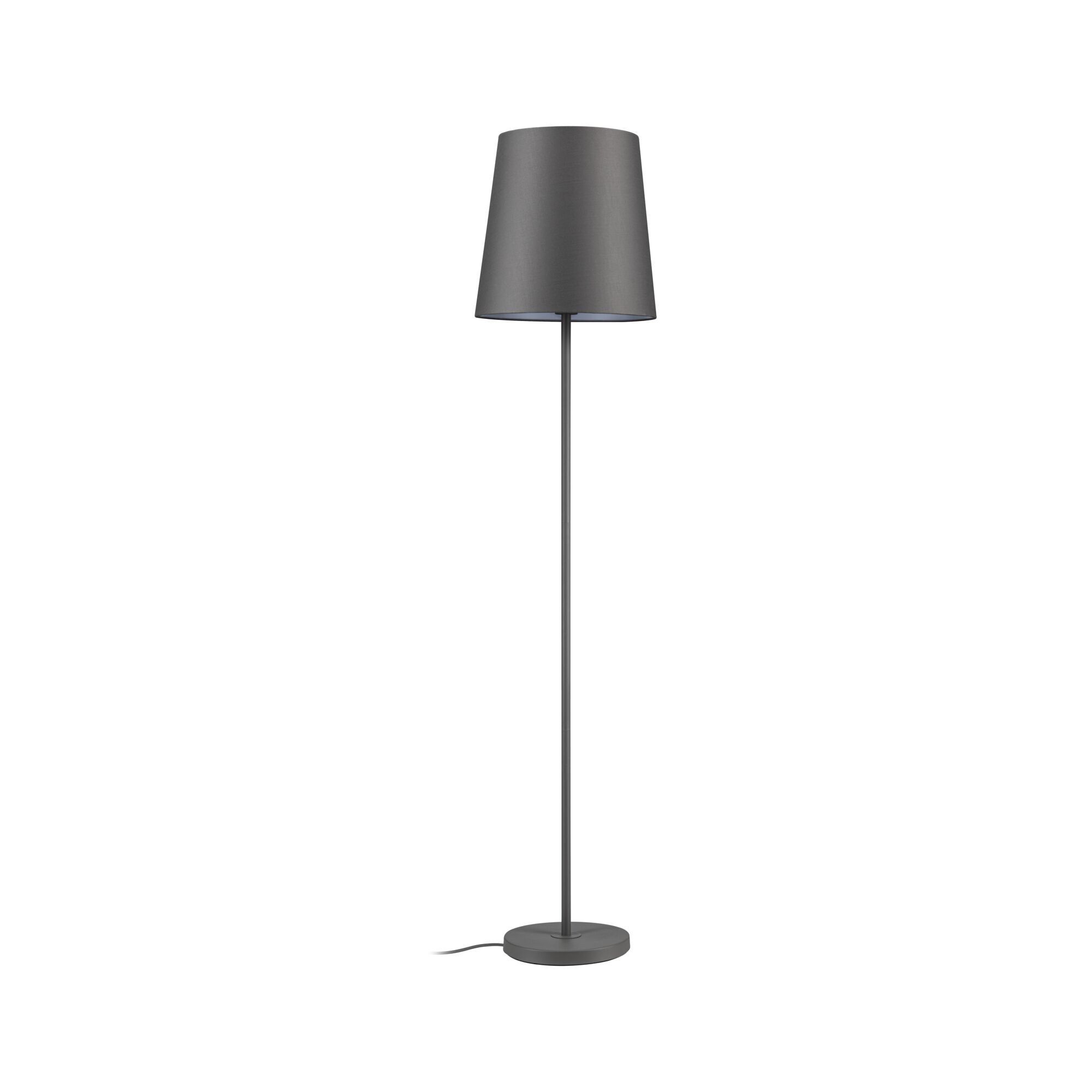 Grey fabric floor lamp with round metal base and slim pole for modern living room lighting