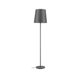 Grey fabric floor lamp with round metal base and slim pole for modern living room lighting