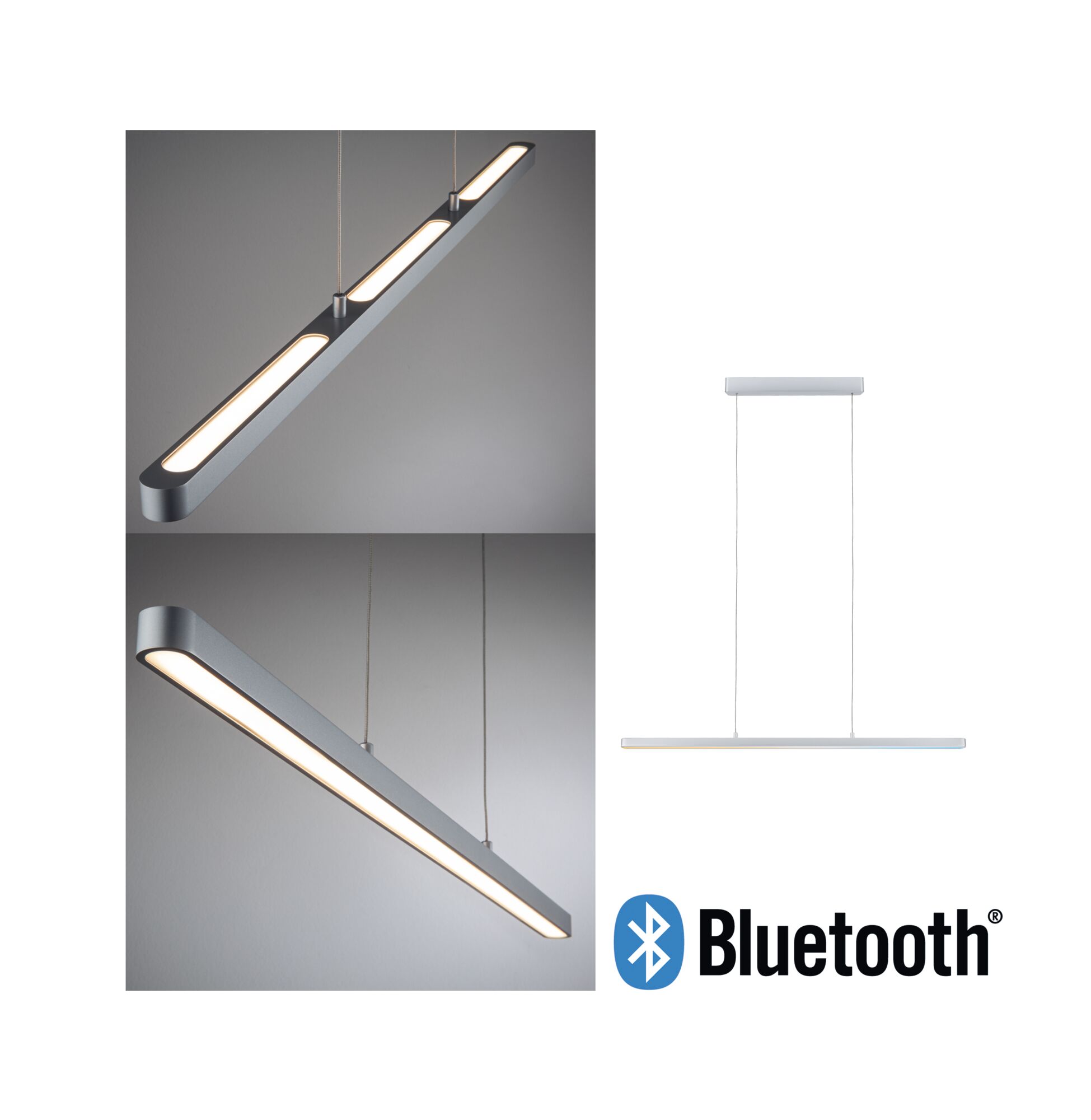 Moderne LED-Pendelleuchte in Silber mit Bluetooth-Funktion für smartes Lichtdesign im Wohnraum