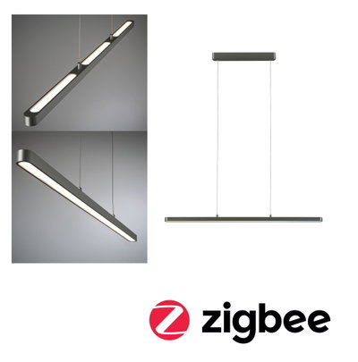 Modern black metal LED pendant light with warm white illumination for living spaces
