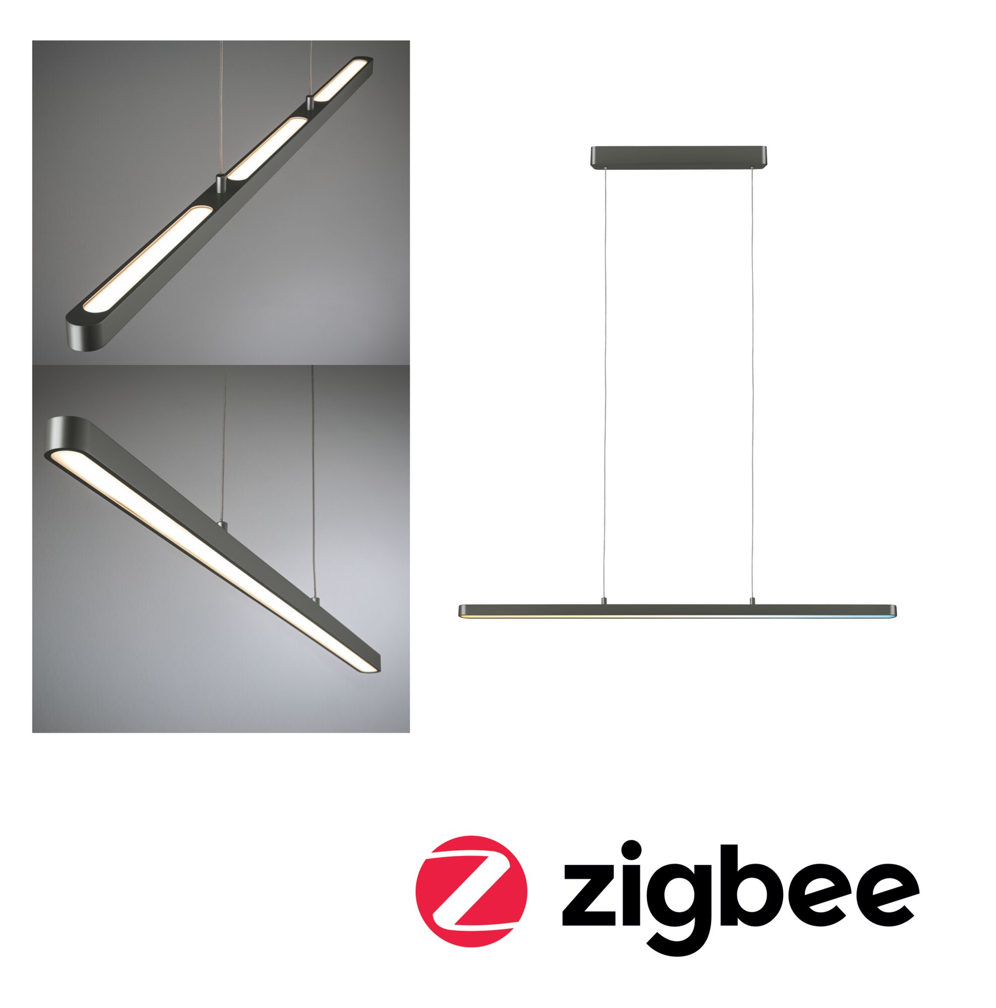 Moderne LED-Pendelleuchte aus Aluminium in Silber mit warmweißem Licht und Bluetooth-Steuerung