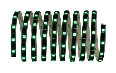 Flexibler LED-Lichtstreifen mit grünen LEDs und selbstklebender Rückseite für vielseitige Beleuchtung.
