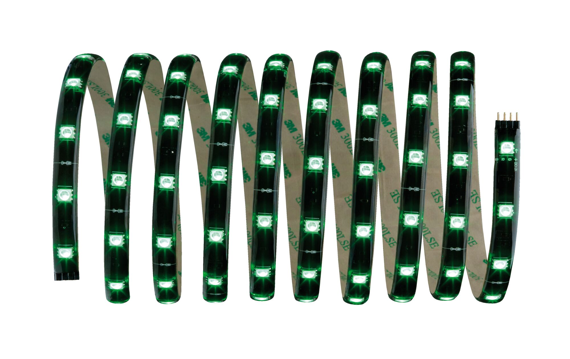 Flexible LED strip with green lights and adhesive backing for versatile lighting solutions.
