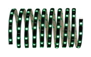 Flexible LED strip with green lights and adhesive backing for versatile lighting solutions.