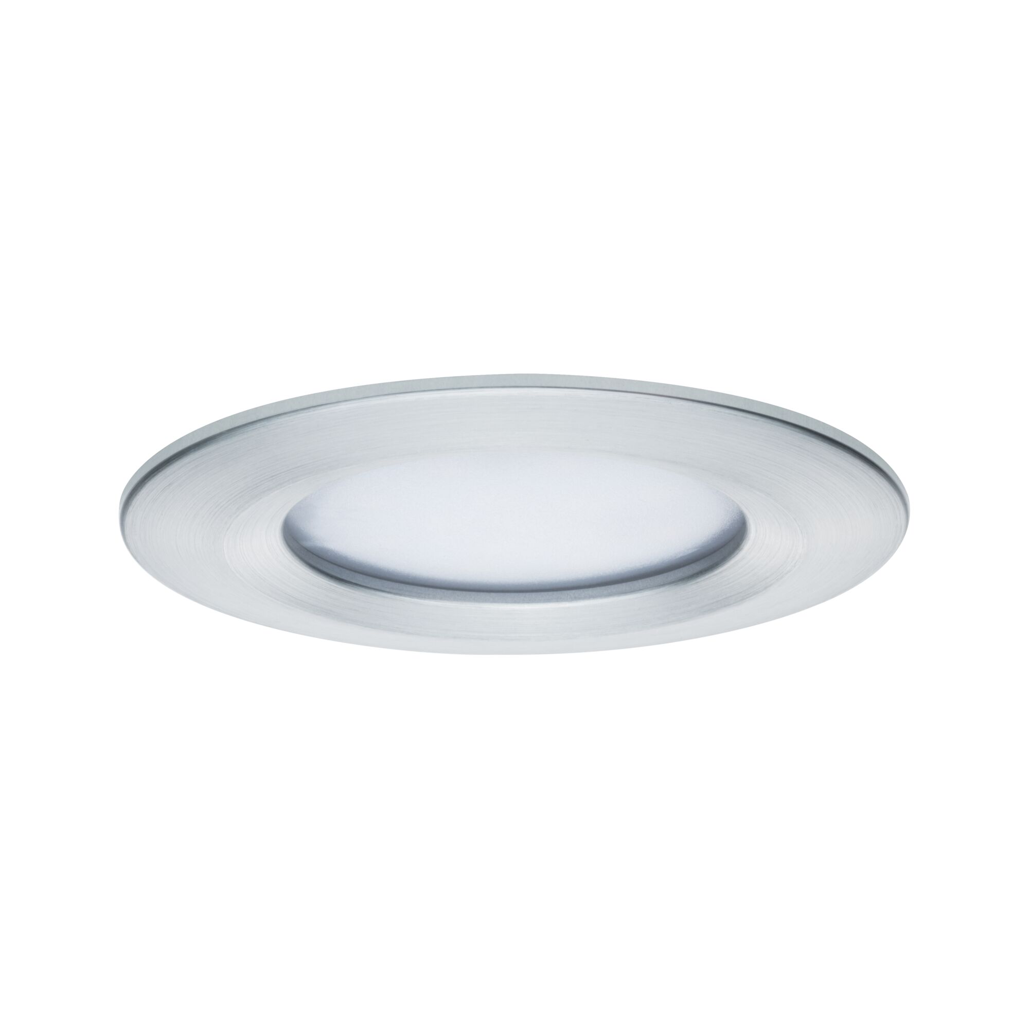 Round LED recessed light in brushed silver aluminum for modern interior lighting solutions