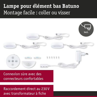 Ensemble de lampes LED sous meuble Batuno blanches avec télécommande, vis et transformateur pour montage facile